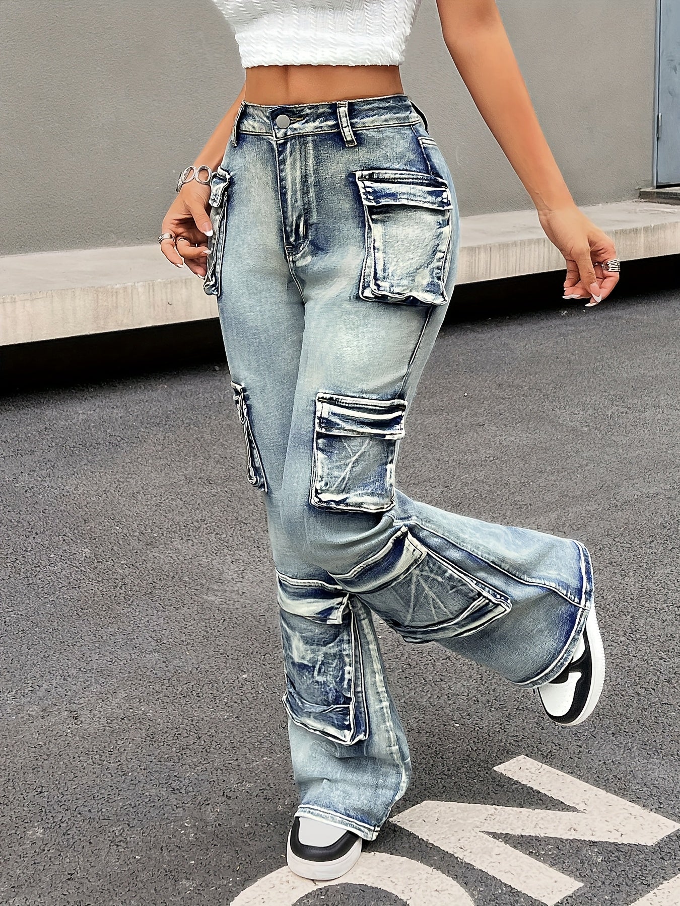 Plus Size Women's High-Waisted Stretch Denim Flared Cargo Pants Multi-Pocket Winter Workwear