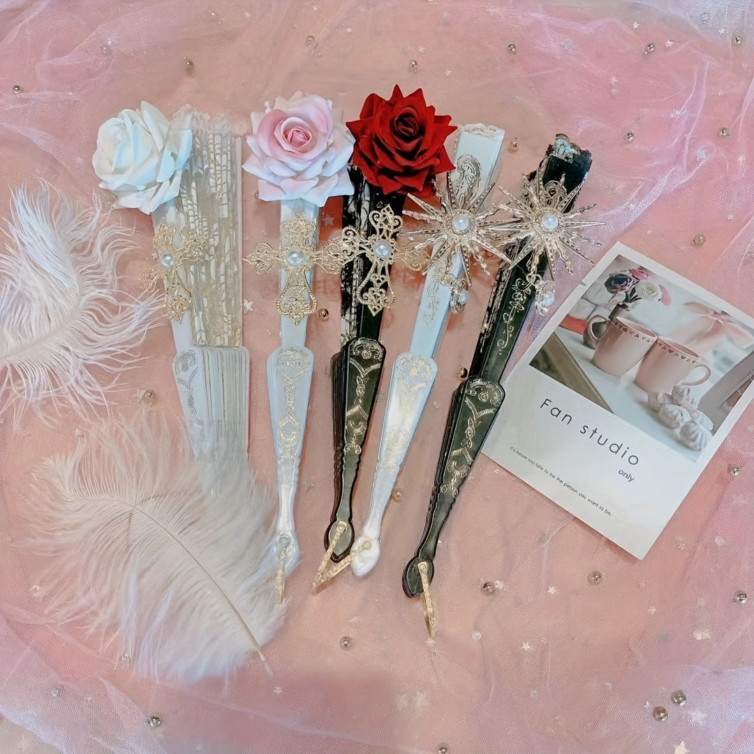 Vintage Rose Folding Fan with Retro Court Lace and European Floral Design for Cosplay and Photo Props