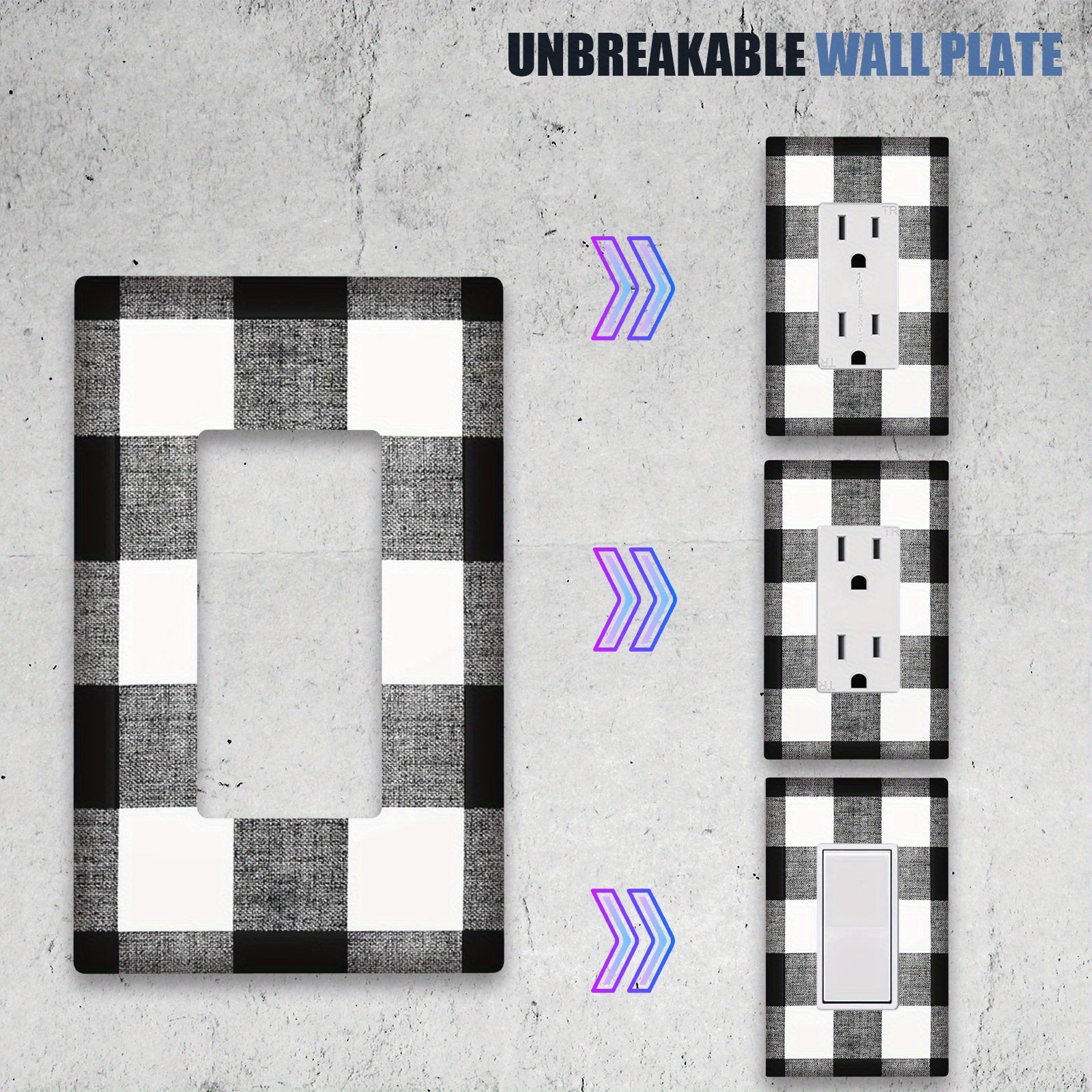 Cubierta de placa de pared en cuadros de búfalo en blanco y negro, para interruptor de luz de 1 y 2 canales, decoración