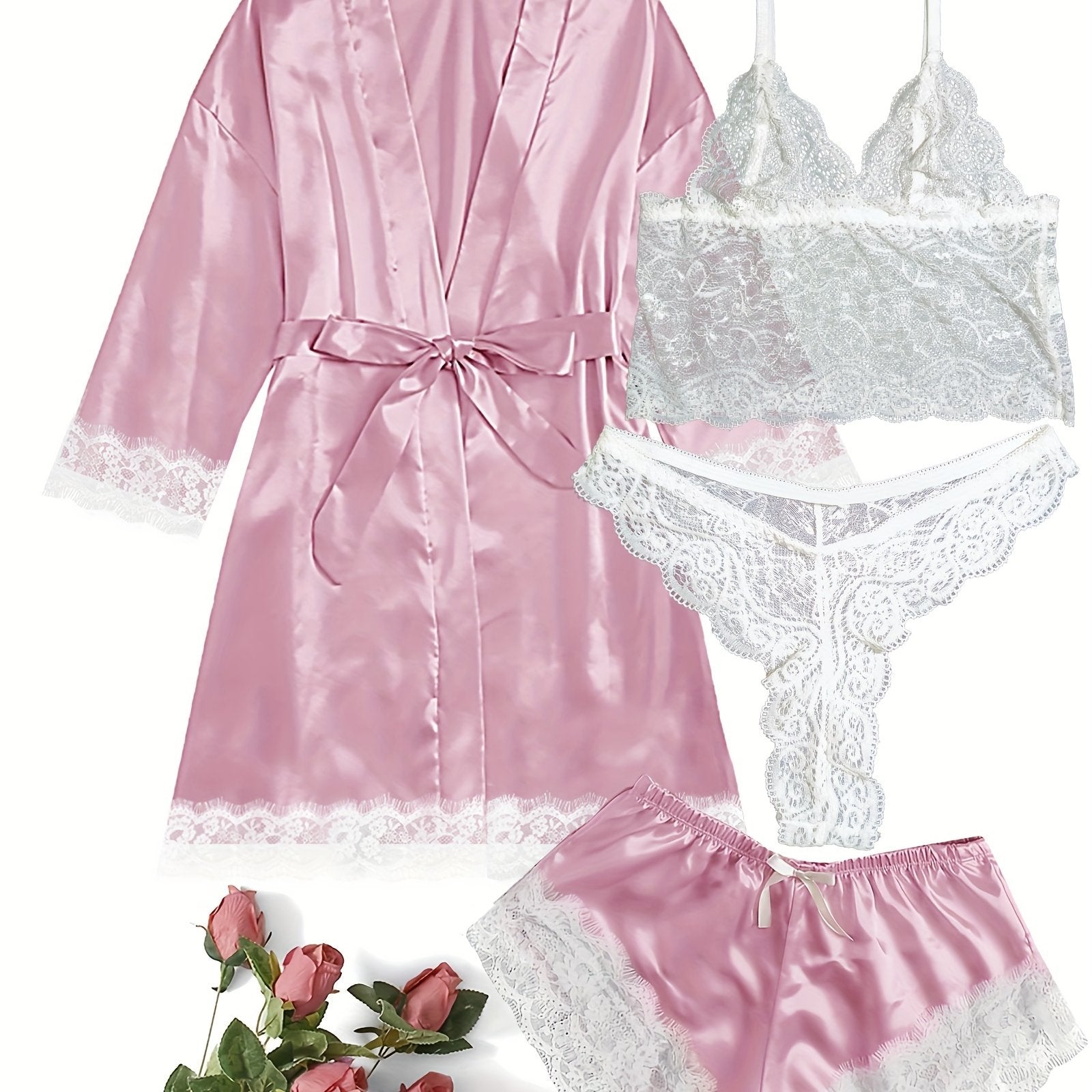 Women's Loungewear Set with Lace Detailing Robe V-Neck Cami Shorts and Panties