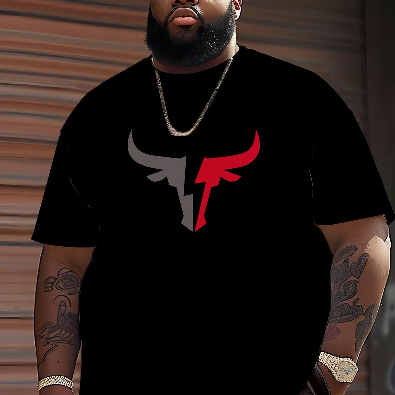 Men's Black Cotton T-Shirt with Red and White Bull Head Graphic Short Sleeve Casual Fit