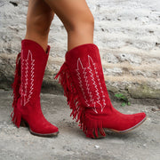 Women's Red Embroidered Western Cowboy Boots with Fringe and Block Heel