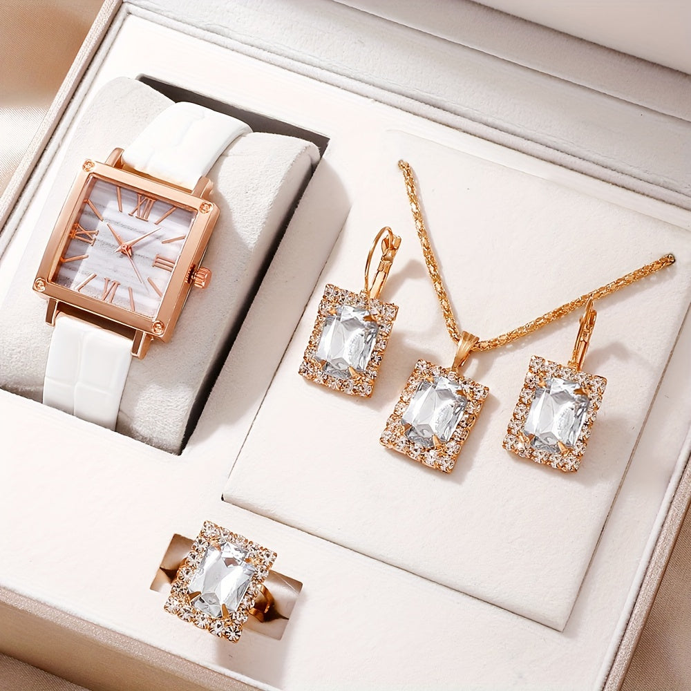 Set of 5 Women's Vintage Square Quartz Watches with Green Dial and Rhinestone Jewelry Set