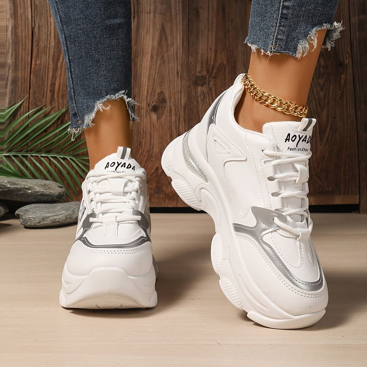 Women's Chunky Sneakers with Wedge Heel Casual Lace-Up Low Top Rubber Sole