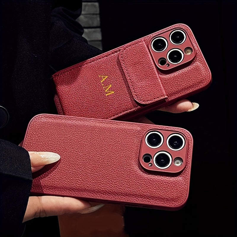 Golden Letter Faux Leather Phone Case for iPhone with Card Slot Shockproof Back Cover