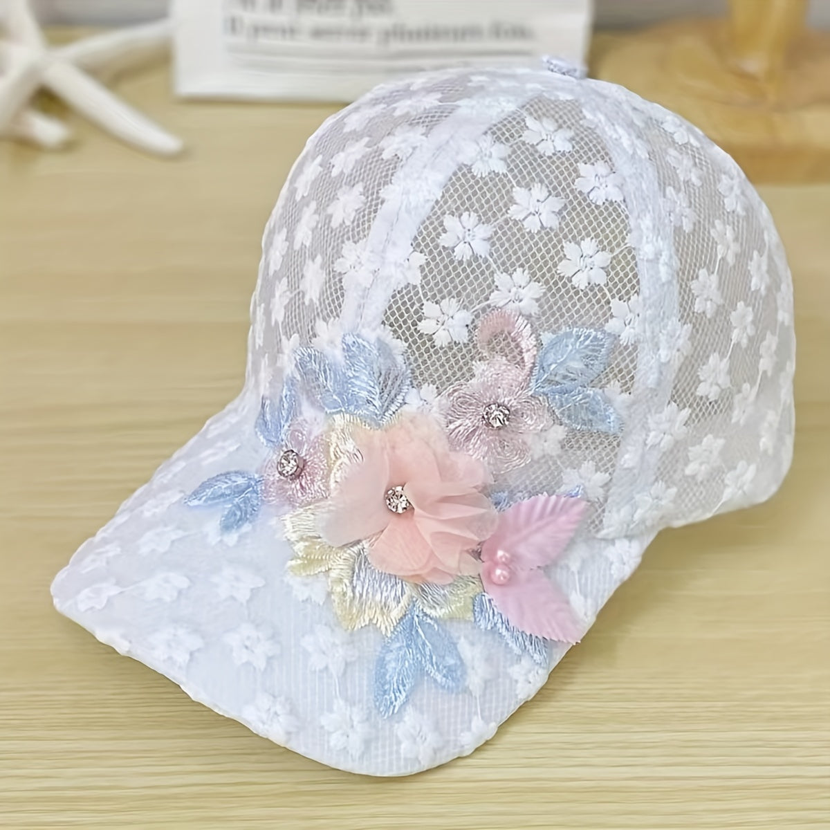 Women's Mesh Baseball Cap with Flower Embroidery Faux Pearl Lace Adjustable Breathable