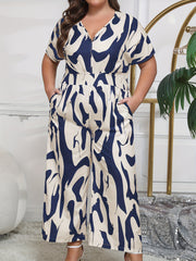 Plus Size Women's V-Neck Jumpsuit Abstract Print Short Sleeve H-Line