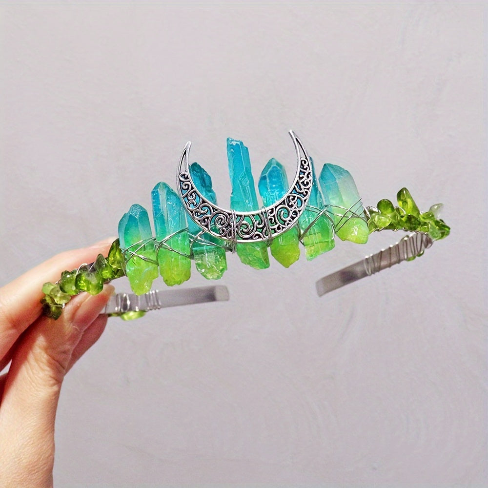 Women's Hair Accessory Headband with Natural Crystal and Moon Tiara Design