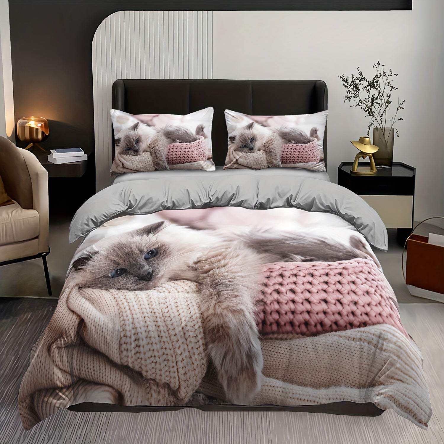 Polyester Duvet Cover Set with 3 Pieces 1 Duvet Cover 2 Pillowcases All Season Cat Print Bedding