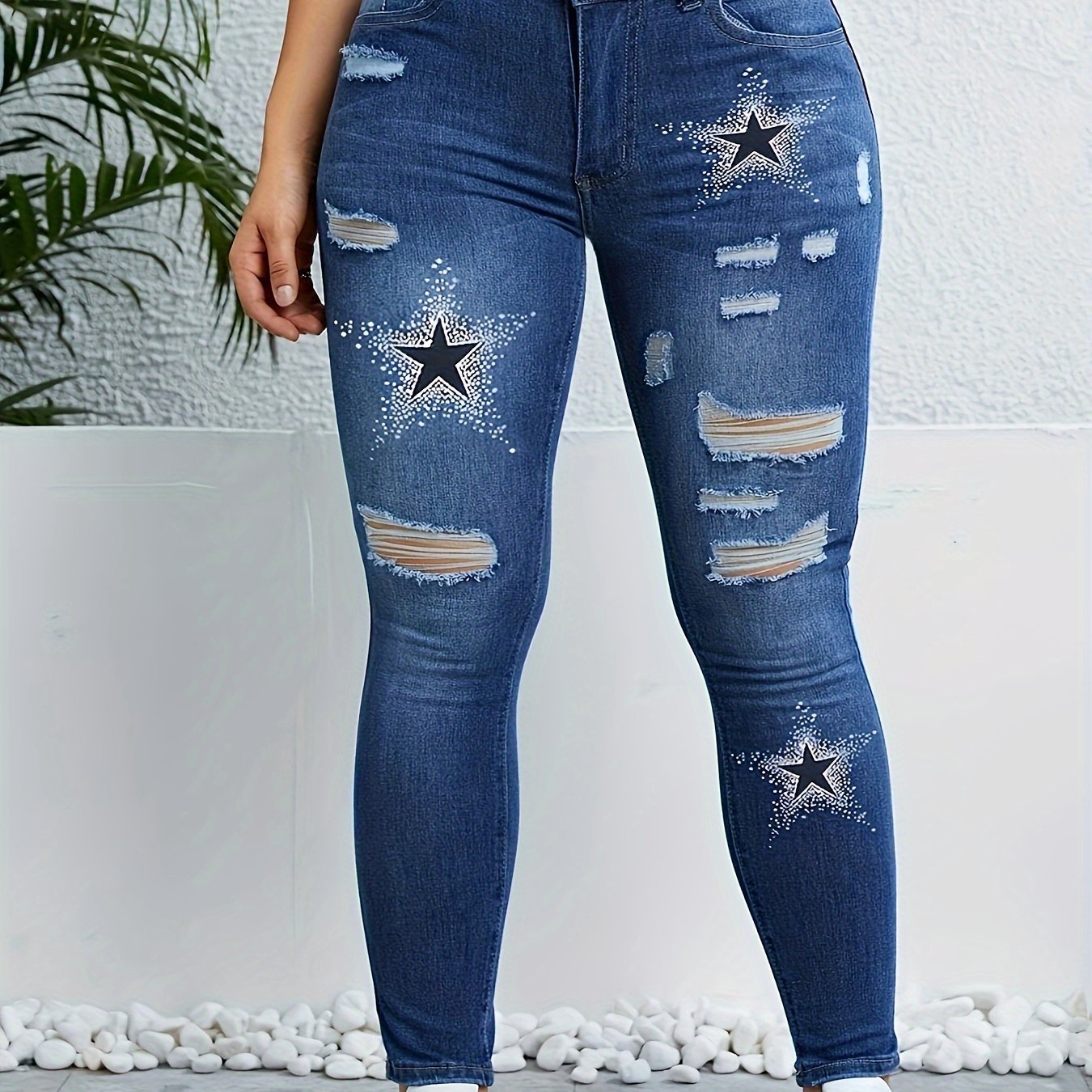 Women's High-Waist Star Print Distressed Skinny Jeans Stretch Denim Light Blue White Stars