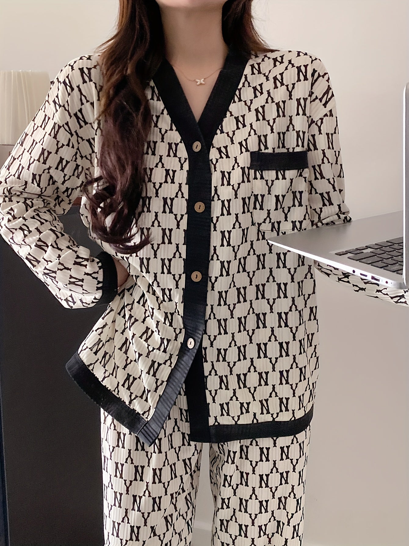 Розовый и синий корейский стиль пижамный комплект для женщин с открытой передней частью, весна, осень, длинный рукав