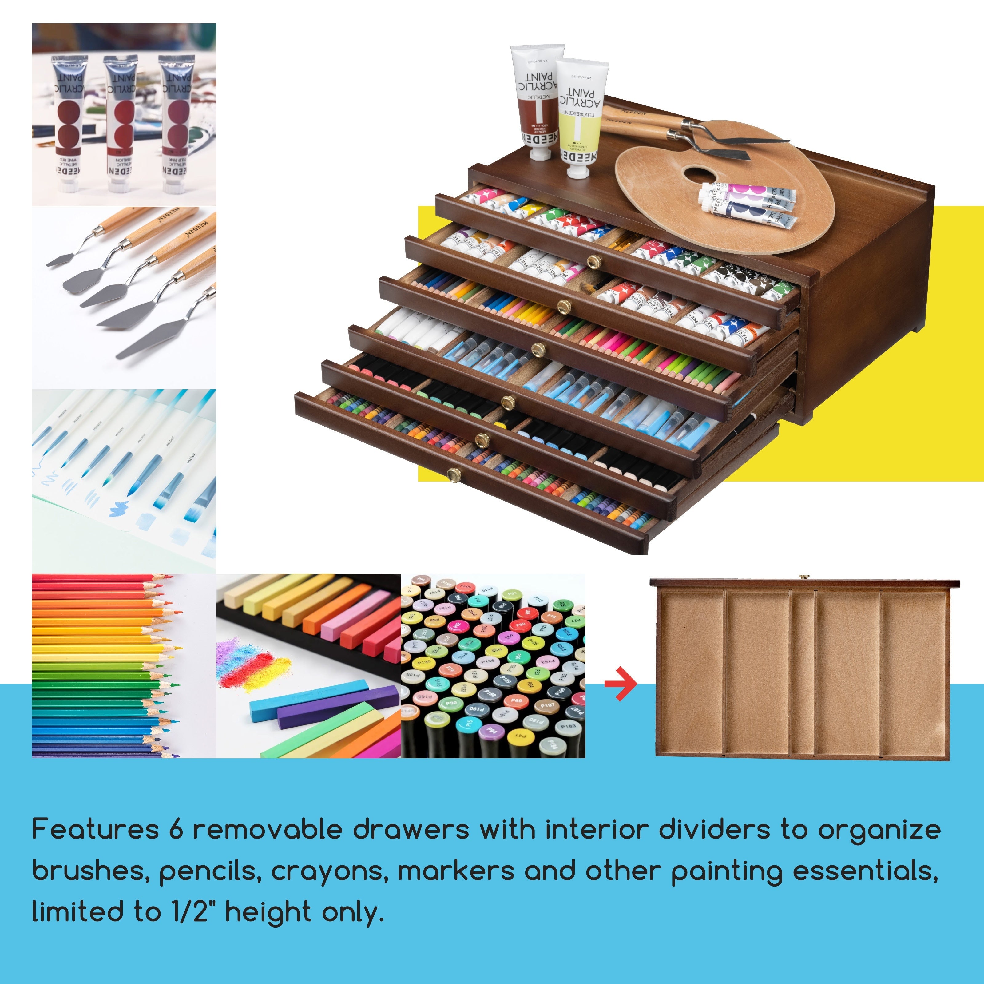 Wooden Art Supply Organizer with Removable Drawers - 4/6/10 Compartments for Pastels Pencils and More