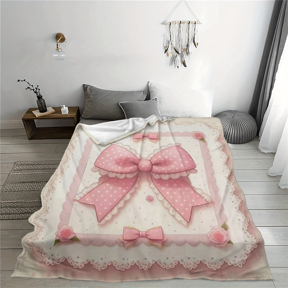 Vintage Lace Design Princess Throw Blanket Charming Pink rangida, Polka Dots bilan - Barcha mavsumlar uchun yumshoq flanel, Qizlar tug'ilgan kunlari va bayramlar uchun ideal sovg'a