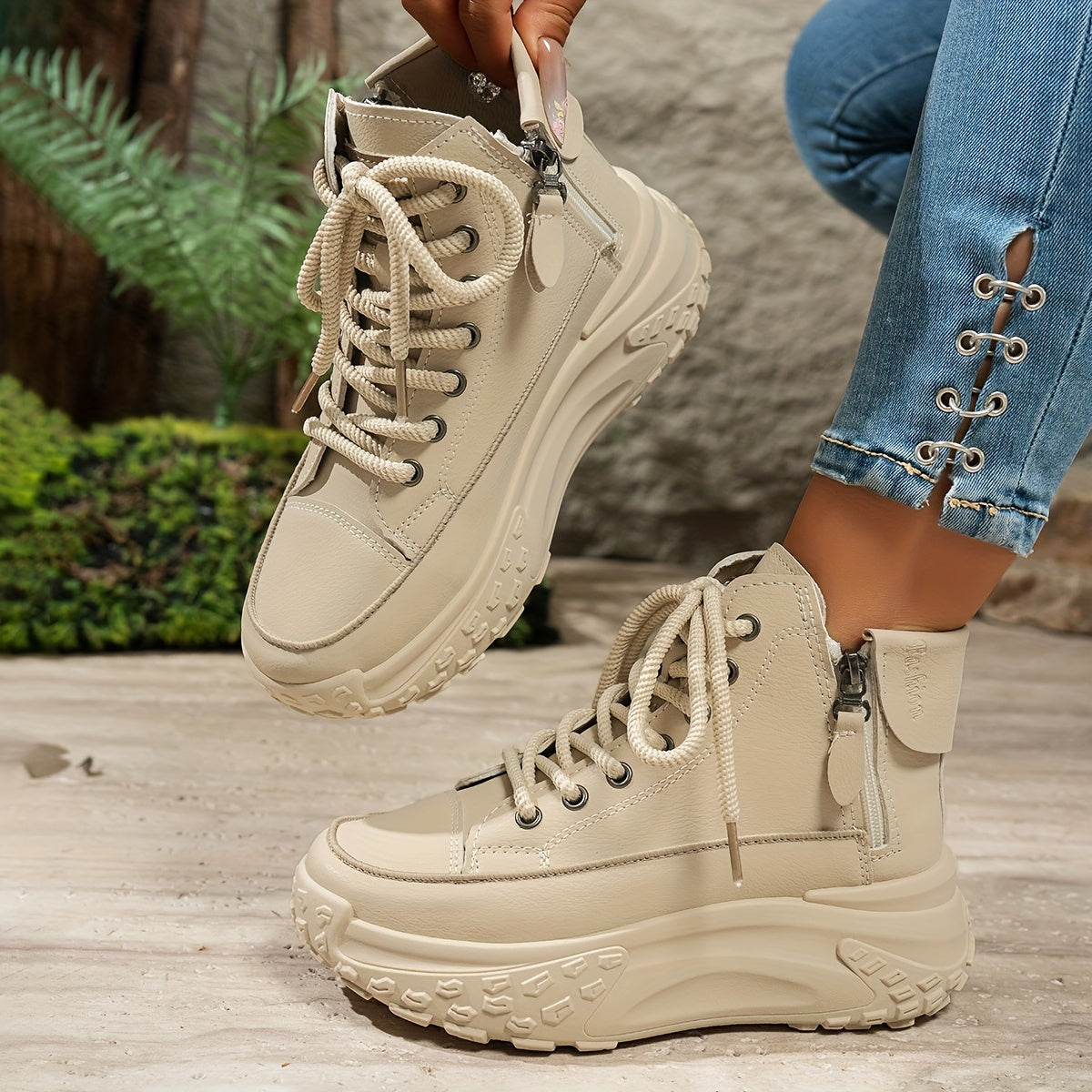 Women's High-Top Platform Sneakers with Rubber Sole Slip-Resistant Beige Black