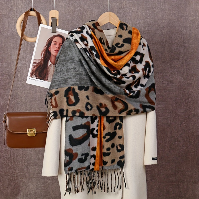 Faux Fleece Leopard Print Scarf with Tassels Warm Cozy Fashion Accessory