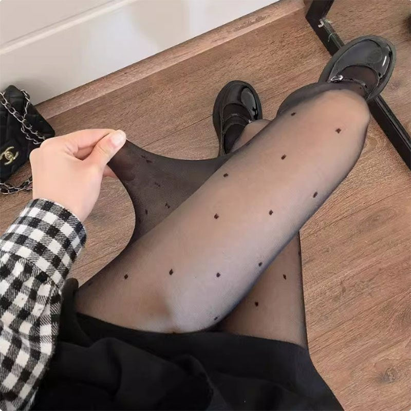 Women's Black Sheer Polka Dot Heart Mesh Tights Polyamide Polyester Knit