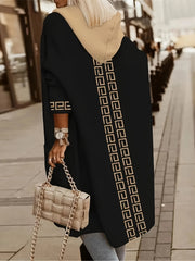 Women's Geometric Pattern Knit Hooded Cardigan with Pockets for Fall Winter