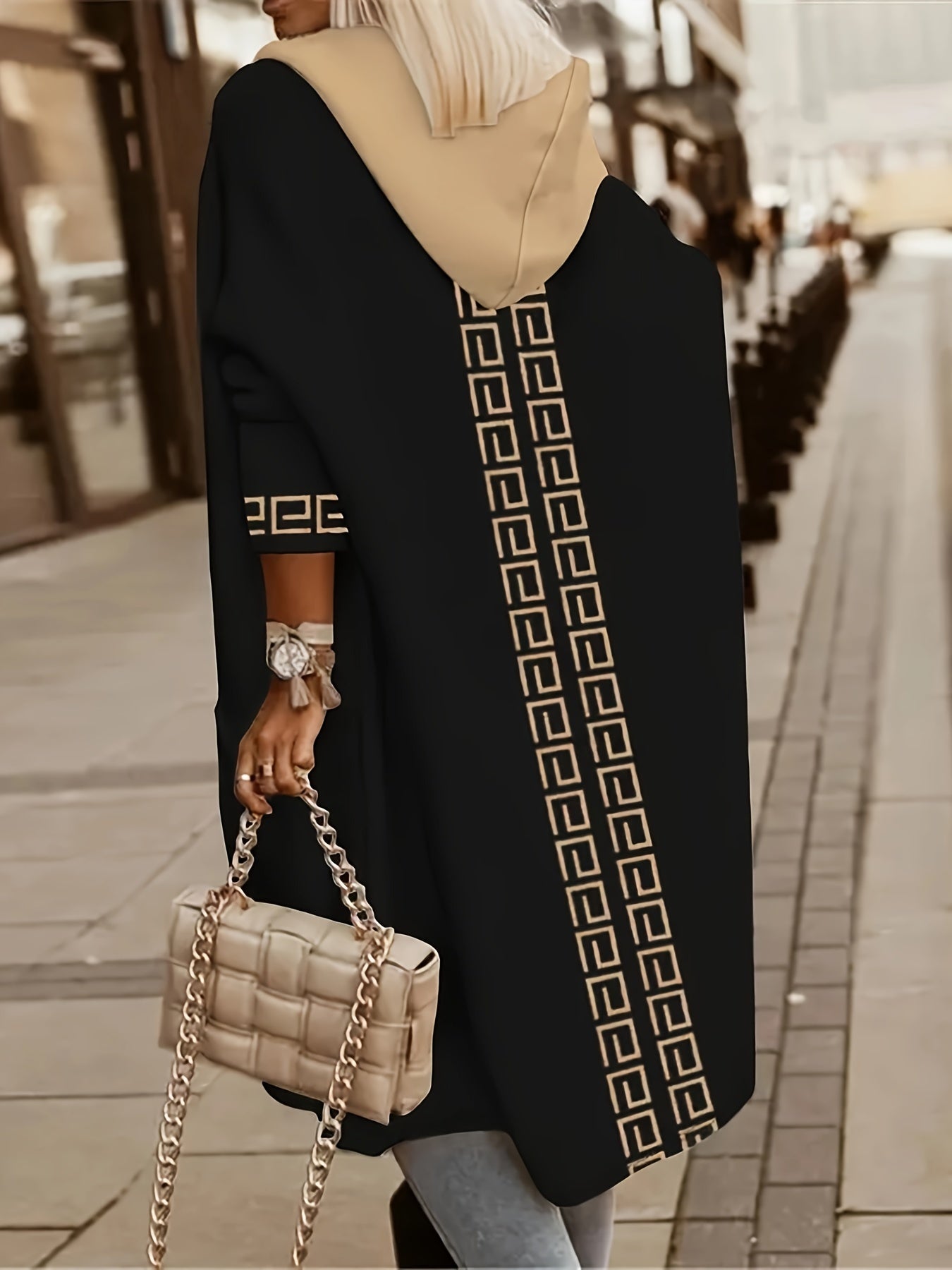 Women's Geometric Pattern Knit Hooded Cardigan with Pockets for Fall Winter