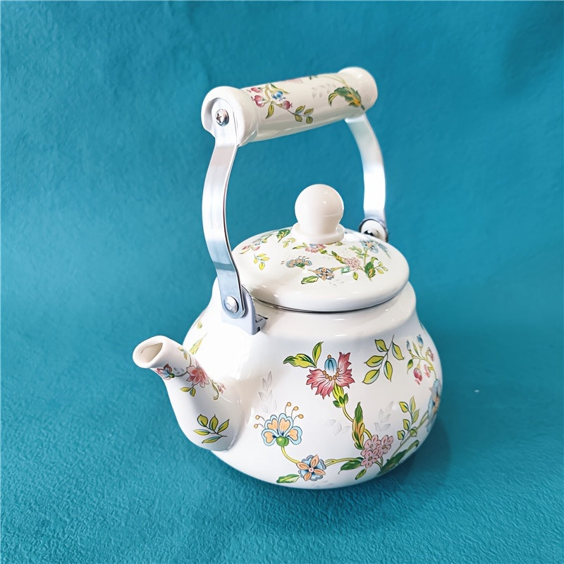 Enamel Kettle 1.5L Floral Design Pear-Shaped Gas and Induction Safe Tea and Cold Drink Maker
