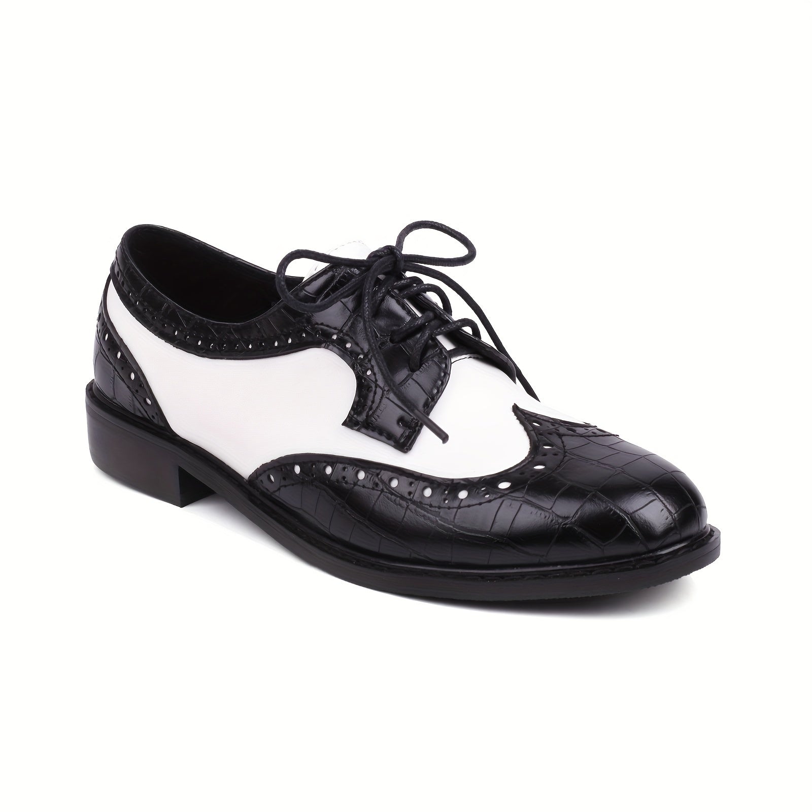Women's Black White Brogue Loafers Leather Low Heel Casual Shoes Size 45