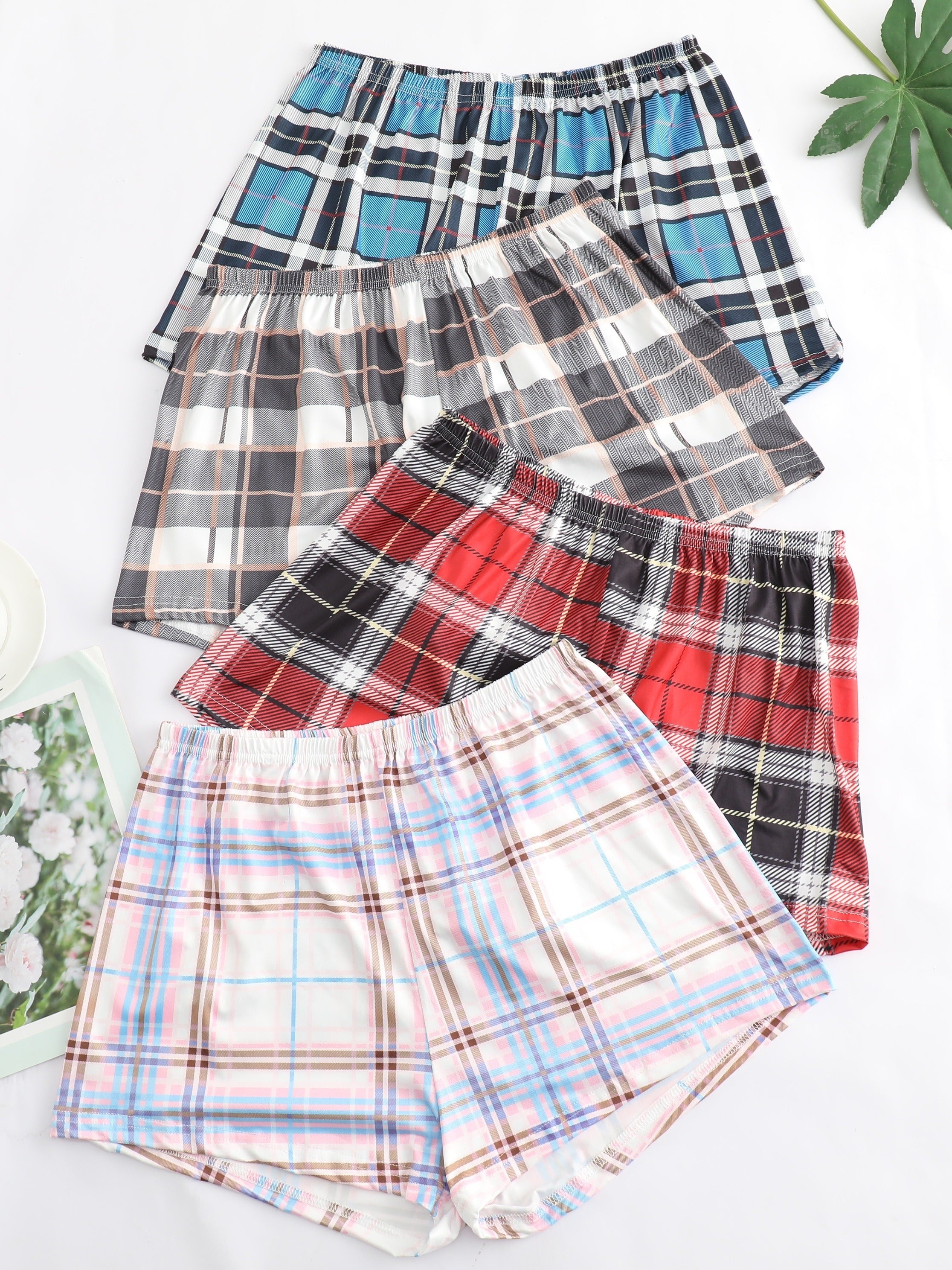 Women's Plaid Lounge Shorts with Elastic Waist for Sleepwear and Loungewear