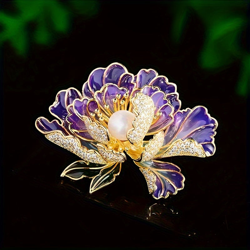 Vintage Enamel Lotus Flower Brooch Faux Pearl Cloisonné Elegant Jewelry