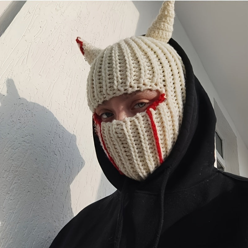 Striped Knit Balaclava with Blood Stains and Horns for Halloween and Costume Parties