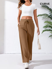 Plus Size High Waist Drawstring Sweatpants Polyester Knit Casual Wide Leg Lounge Pants