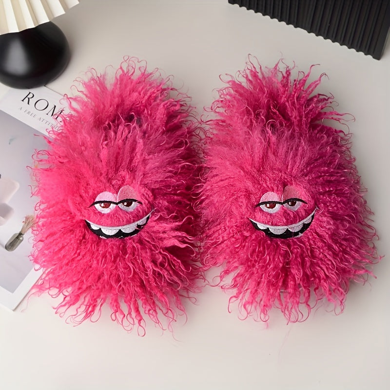 Women's Furry Slides Funny Face Cozy Slippers for Winter