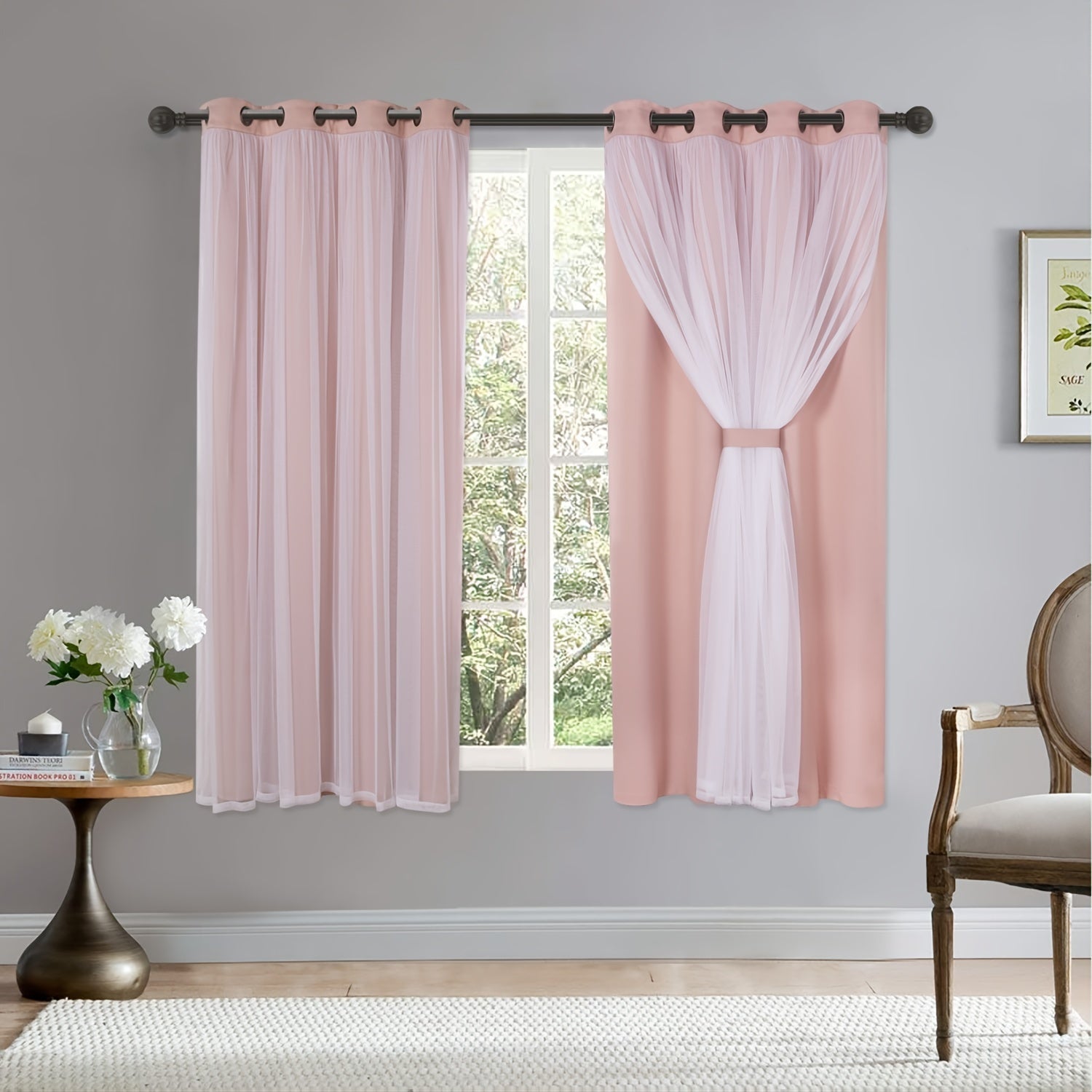 Grey Blackout Curtains with White Sheer Voile Double Layer Grommet Bedroom Window Treatment