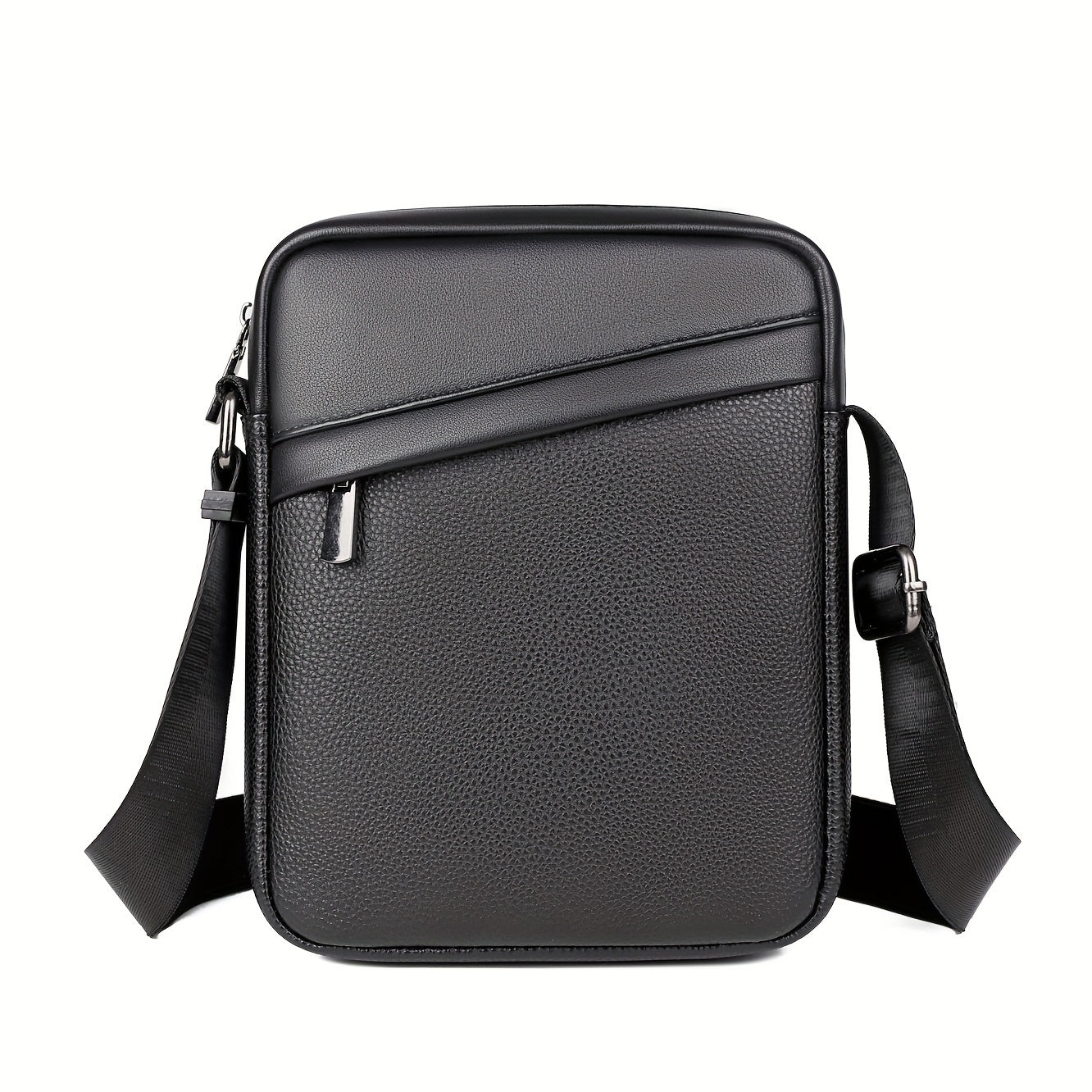 Men's Black Crossbody Bag with Adjustable Strap and Lychee Texture for Travel and Casual Use
