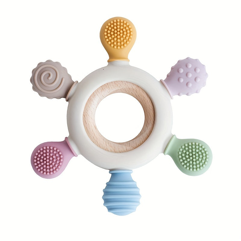 Baby Teether Silicone Rudder Shape with Wooden Ring BPA Free for Newborns