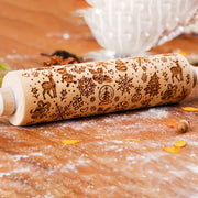Wooden Rolling Pin with Festive Patterns for Holiday Baking and Crafts 34.8cm
