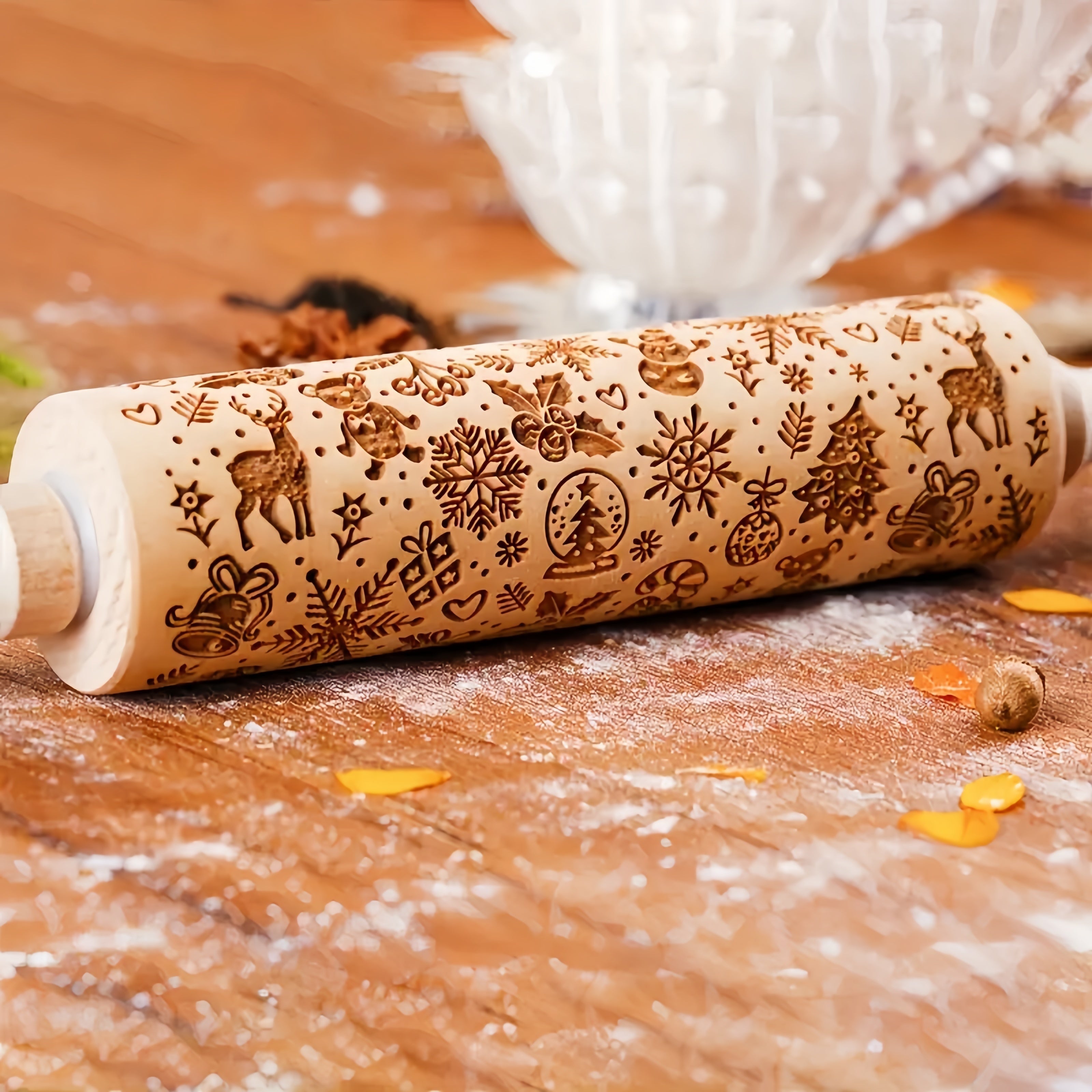 Wooden Rolling Pin with Festive Patterns for Holiday Baking and Crafts 34.8cm