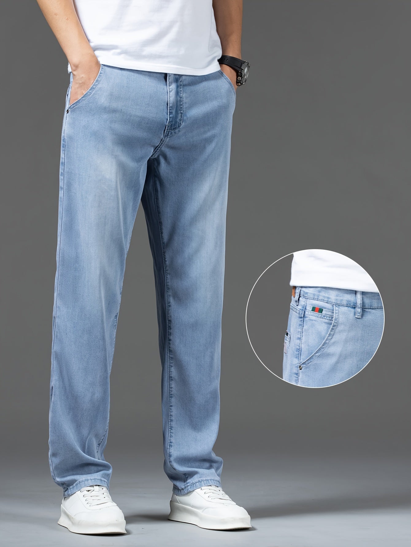 Men's Light Blue Straight Leg Denim Jeans with Lyocell Blend for Summer Casual