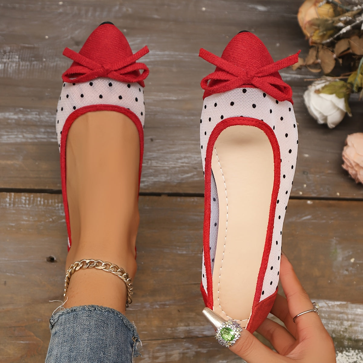 Women's Black Pointed Toe Slip-On Loafers with Bow and Polka Dot Net Fabric