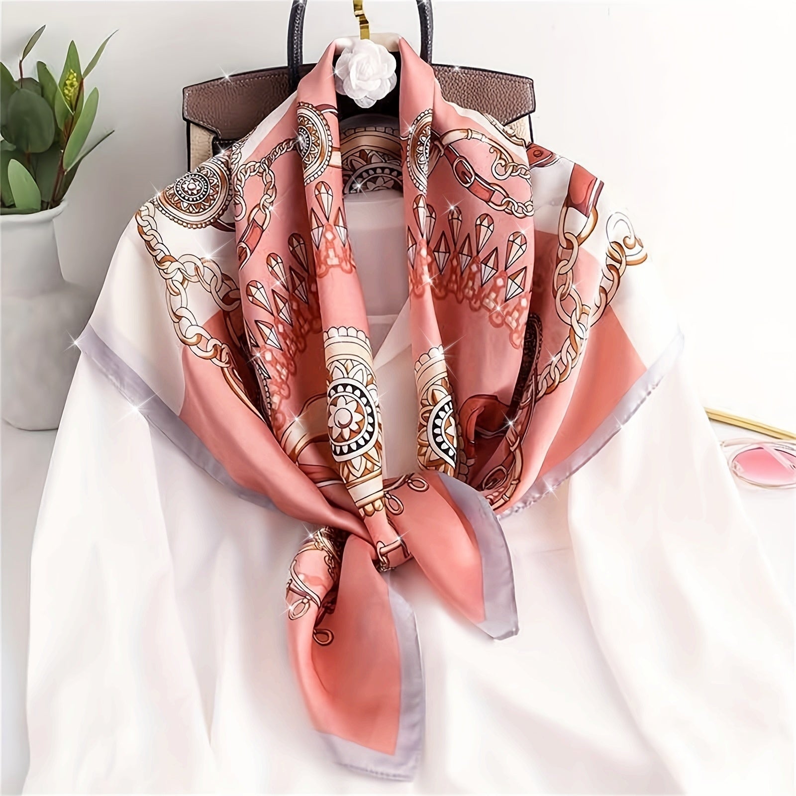 Square Satin Scarf with 4-Color Print 89.99cm Casual Summer Head Wrap