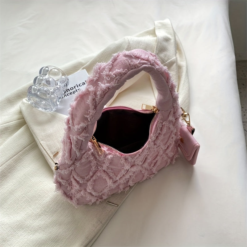 Light Blue Denim Shoulder Bag with Diamond Pattern and Fringe Detail