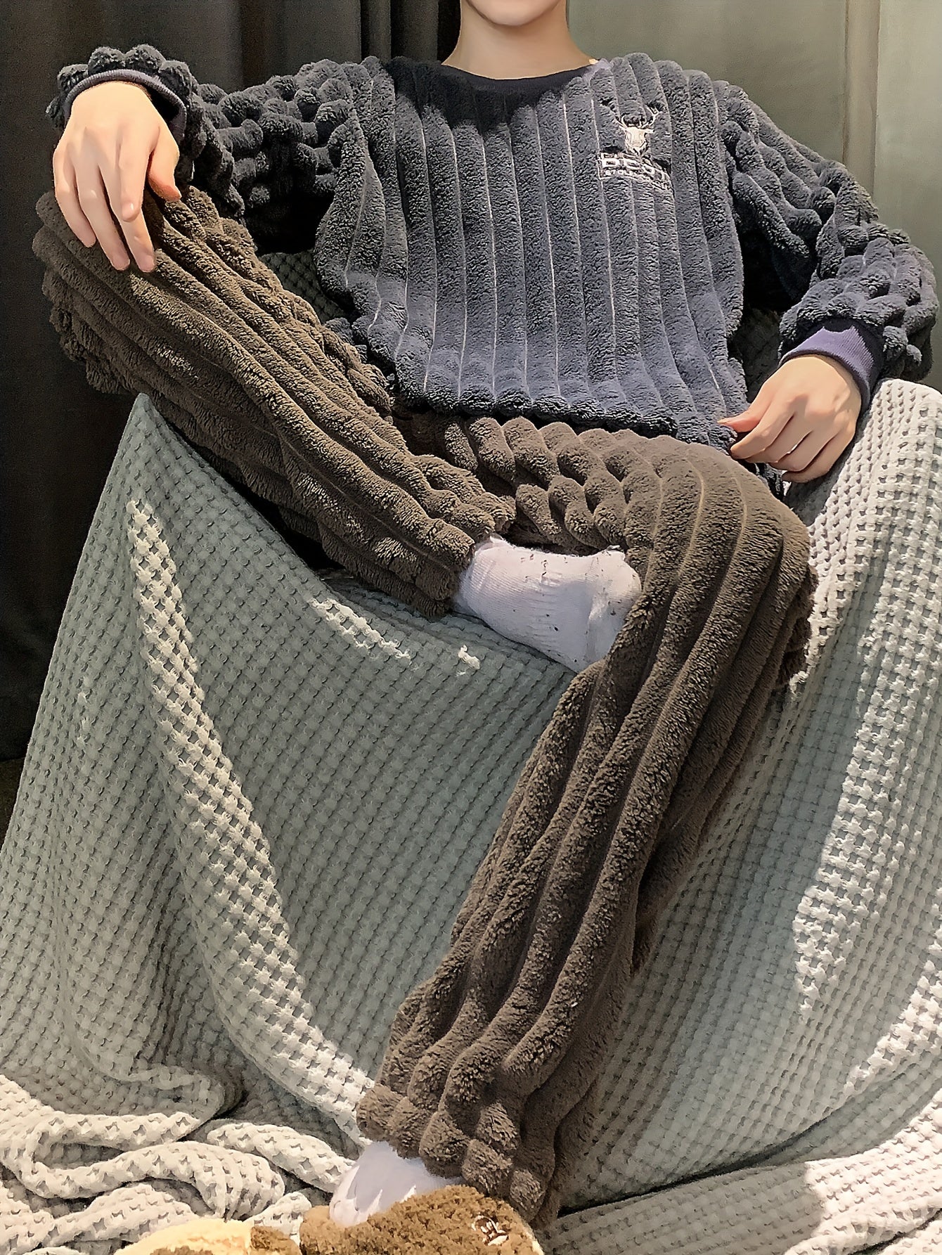 Conjunto de pijama de felpa para hombre con capucha, manga larga, color sólido, otoño e invierno, casual