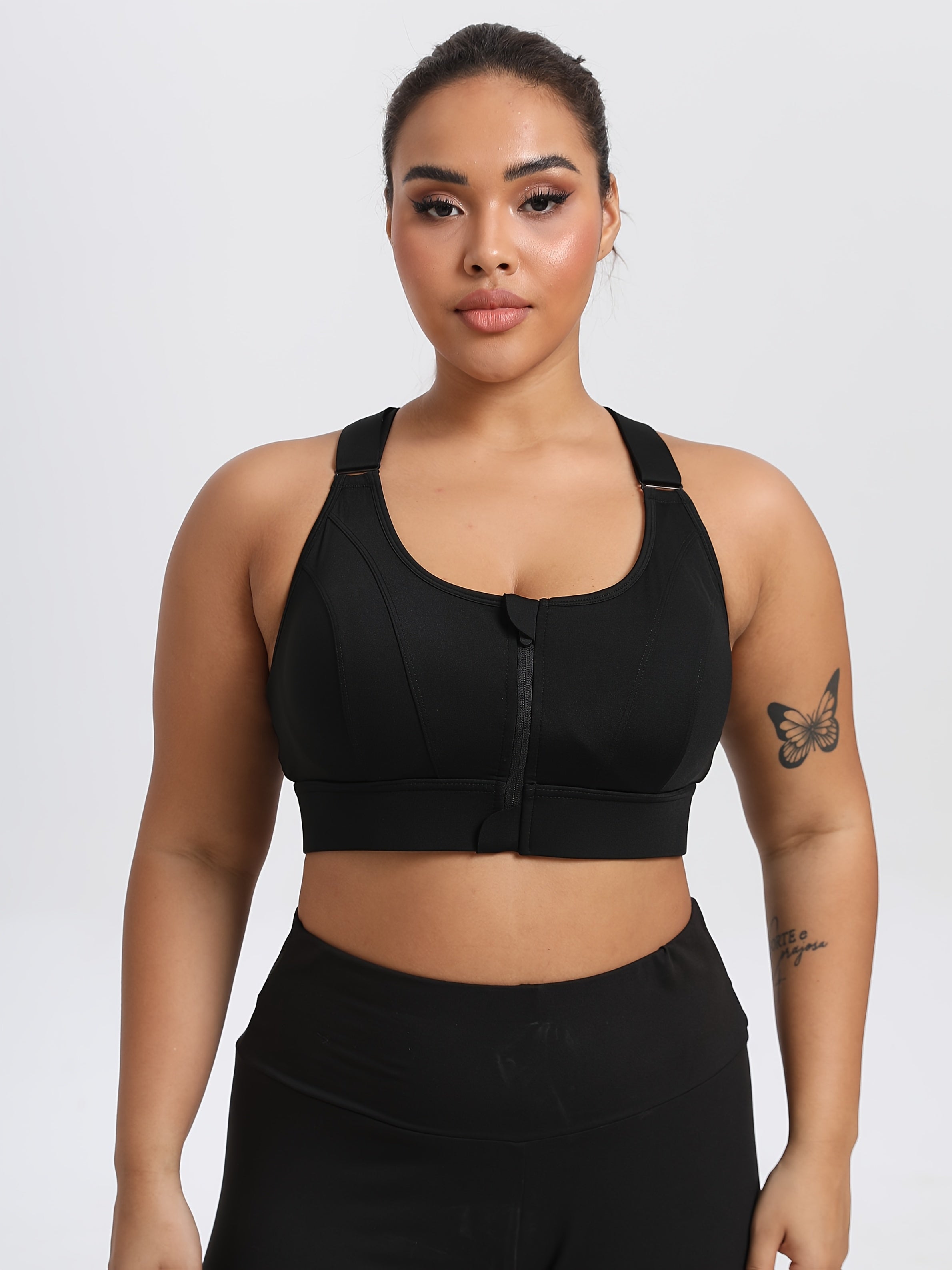 Women's Plus Size Sports Bra with Front Zipper and Cross-Back Straps