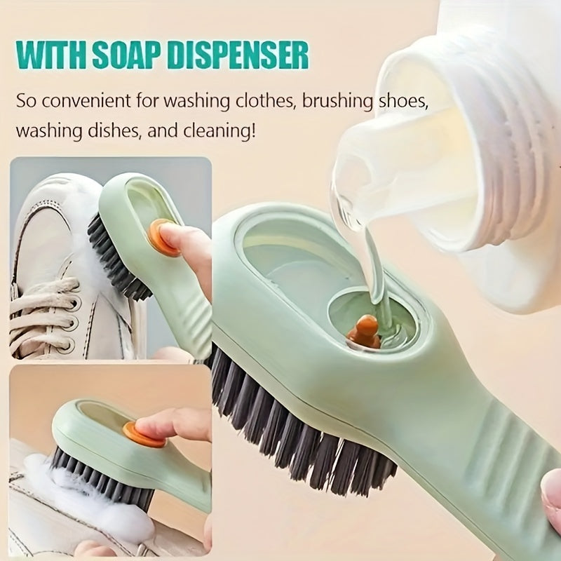 Ergonomic Shoe Brush with Long Handle Built-in Soap Dispenser Soft Bristles for Shoes Boots Jewelry
