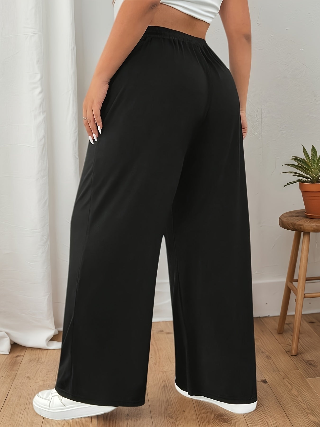 Women's Wide Leg Pants Elastic Black Casual Summer Trousers