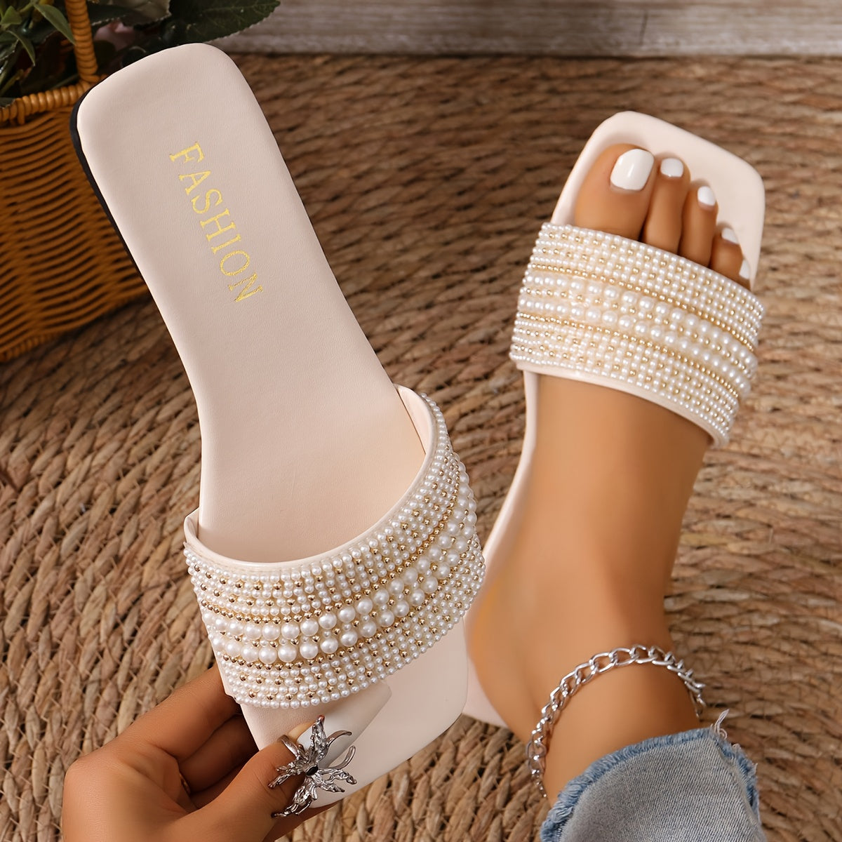 Women's Pearl Rhinestone Decor Indoor Sandals Comfortable All-Season