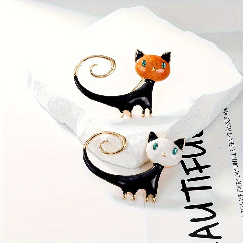 Set of 2 Halloween Black Cat Brooches Hand-Painted Cartoon Tails Alloy Chest Jewelry