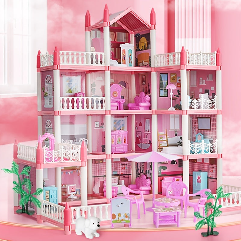 Pink Dollhouse Set for Girls Aged 5-9 with 11 Rooms and Furniture Accessories