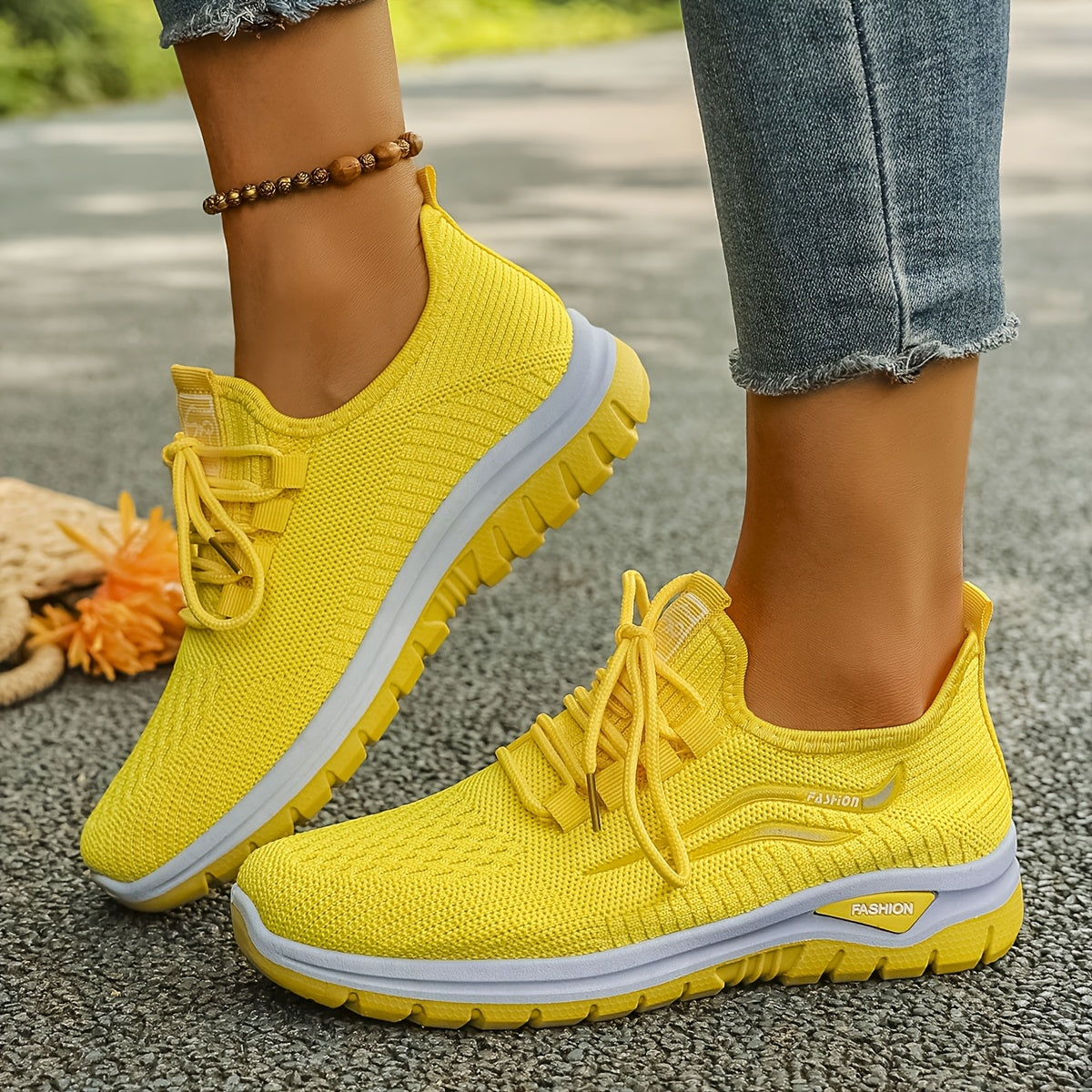 Women's Casual Knit Running Shoes with Lace-Up Patterned Design