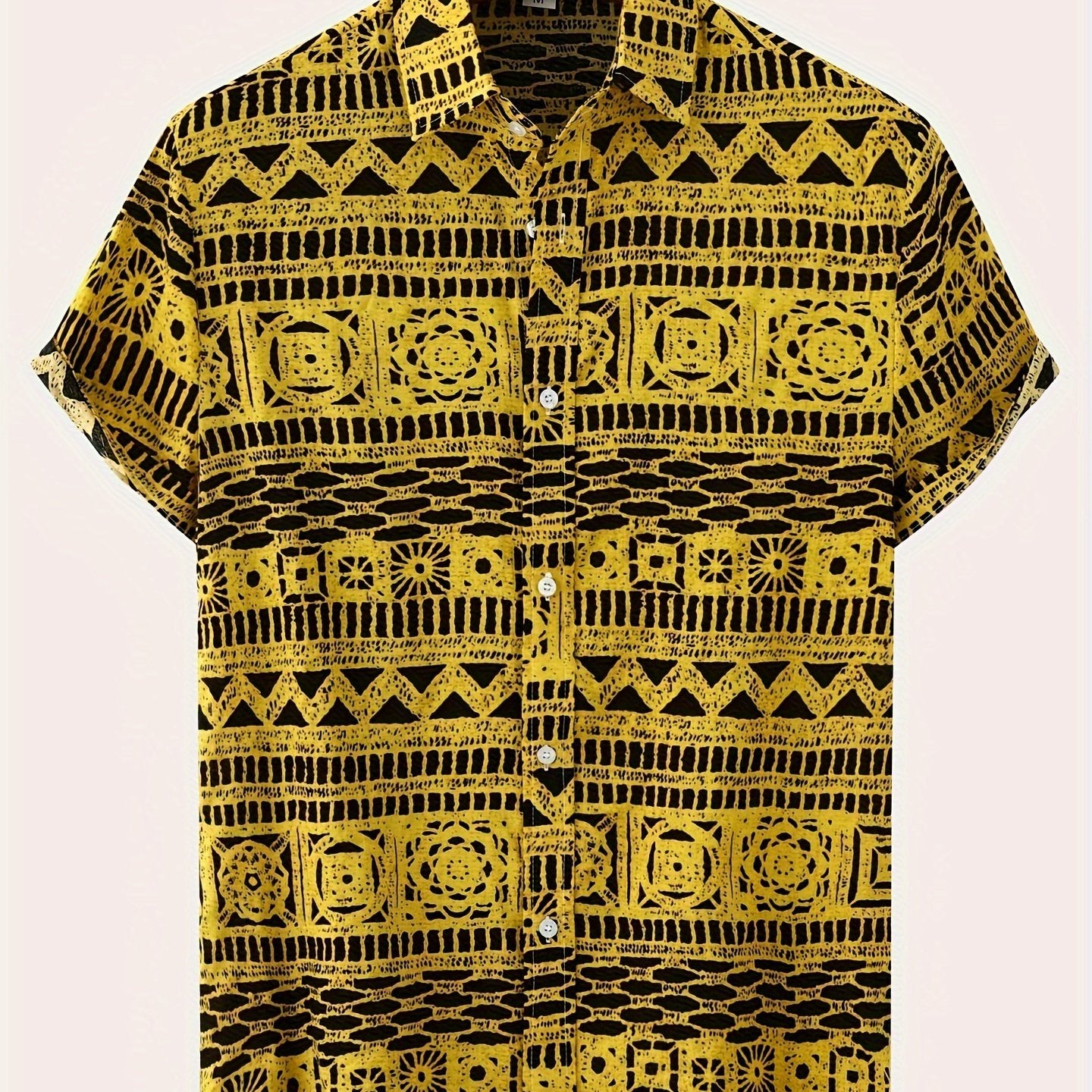 Men's Cotton Blend Short Sleeve Button-Up Shirt with Geometric Print for Summer