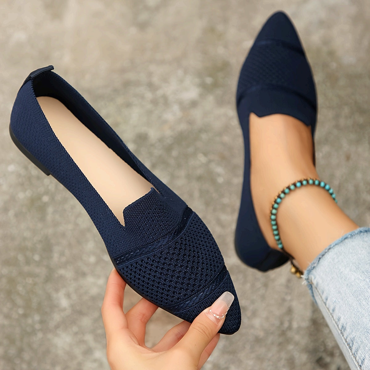 Women's Knit Flat Shoes Breathable Slip-On Comfortable Toe Shoes