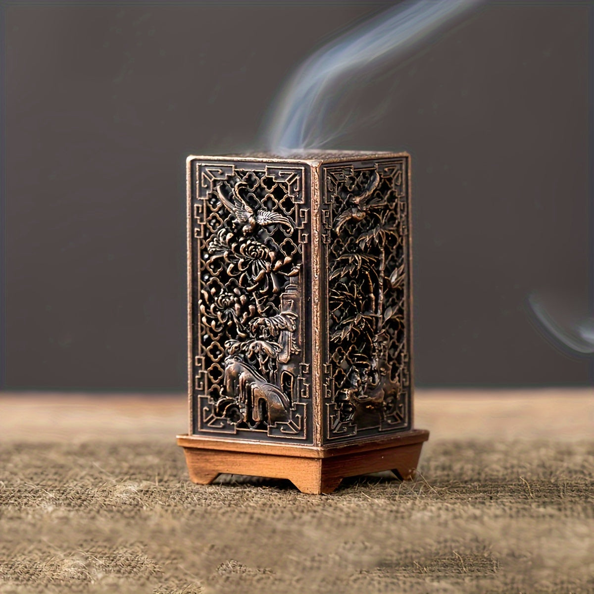 Incense Burner with Bamboo and Plum Blossom Design in Copper Gold Finish for Home Decor
