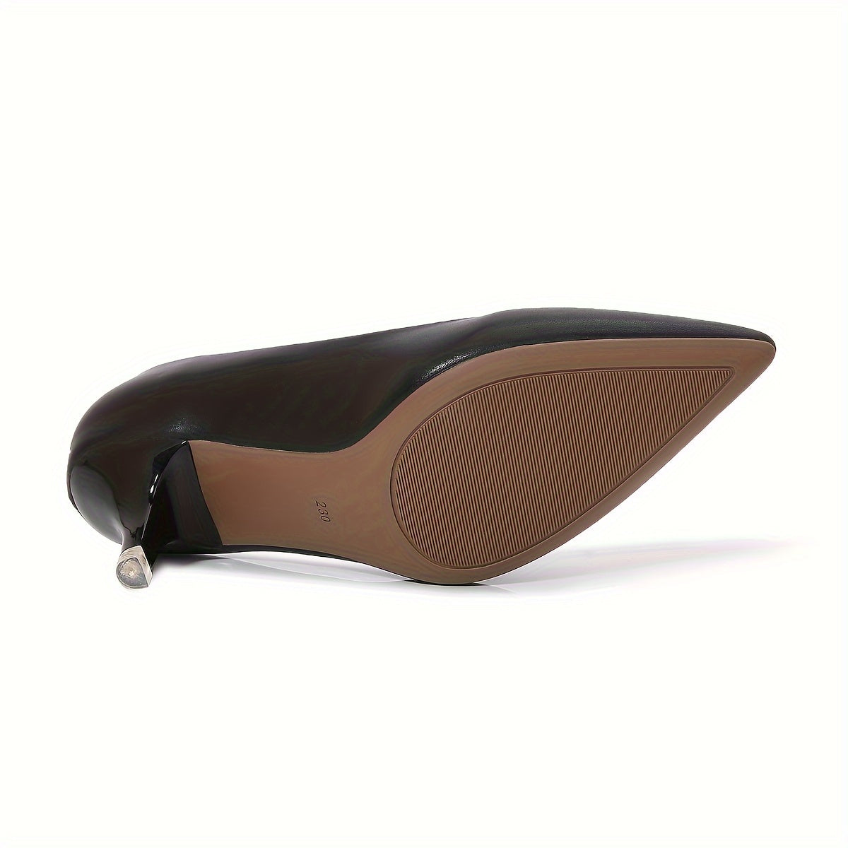 Women's Black Faux Leather Mid-Heel Pumps with Pointed Stiletto Toe and Rubber Sole
